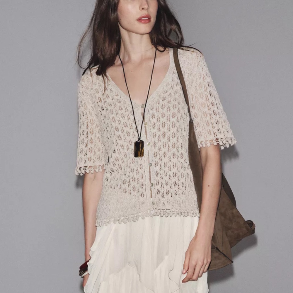 Zara POINTELLE KNIT crochet CARDIGAN